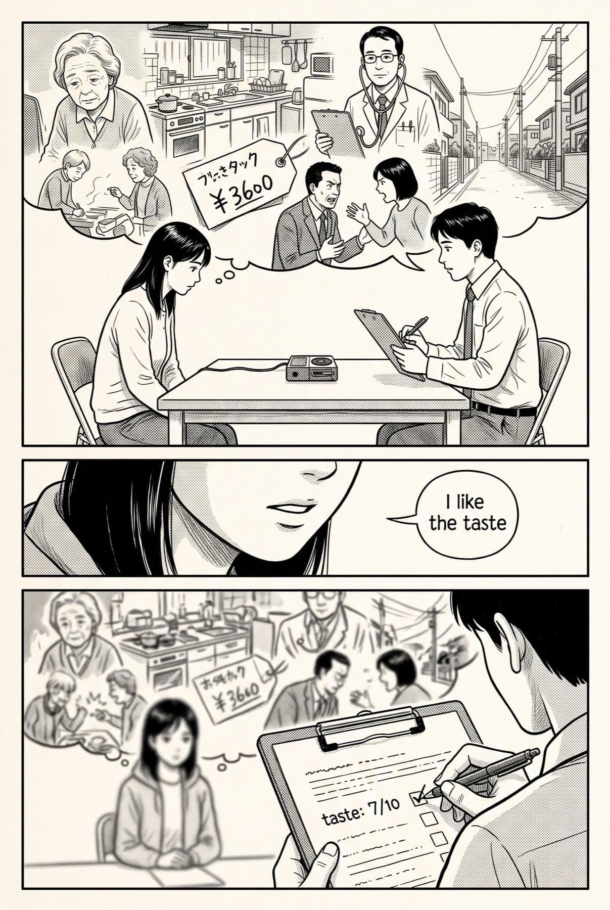 Manga page: a woman across a table from a researcher with a clipboard; her thought balloon is crammed with images, her speech balloon says only 'I like the taste', and the clipboard records 'taste: 7/10'.