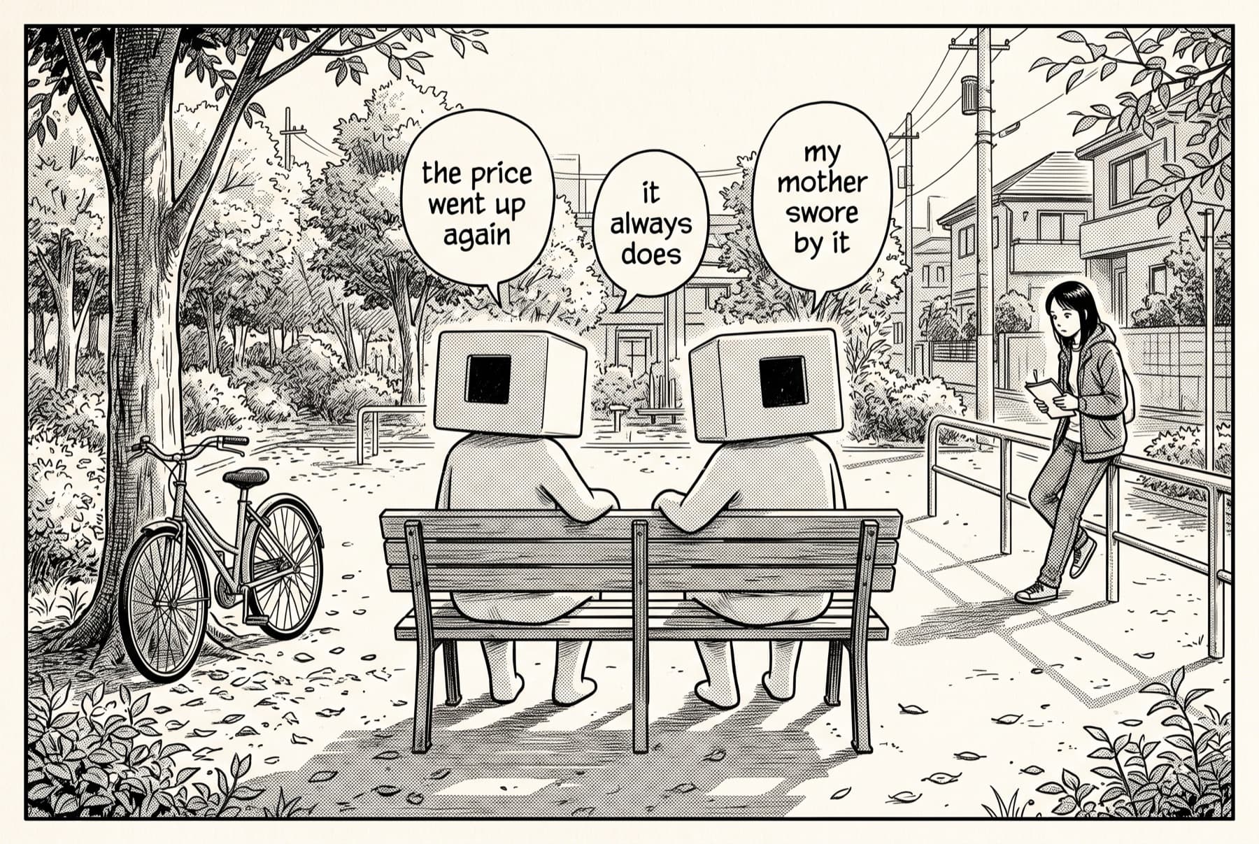 Manga page: two friends on a park bench, each drawn as a sealed box with a small dark window; three speech balloons float between them; a woman with a notebook watches the balloons.