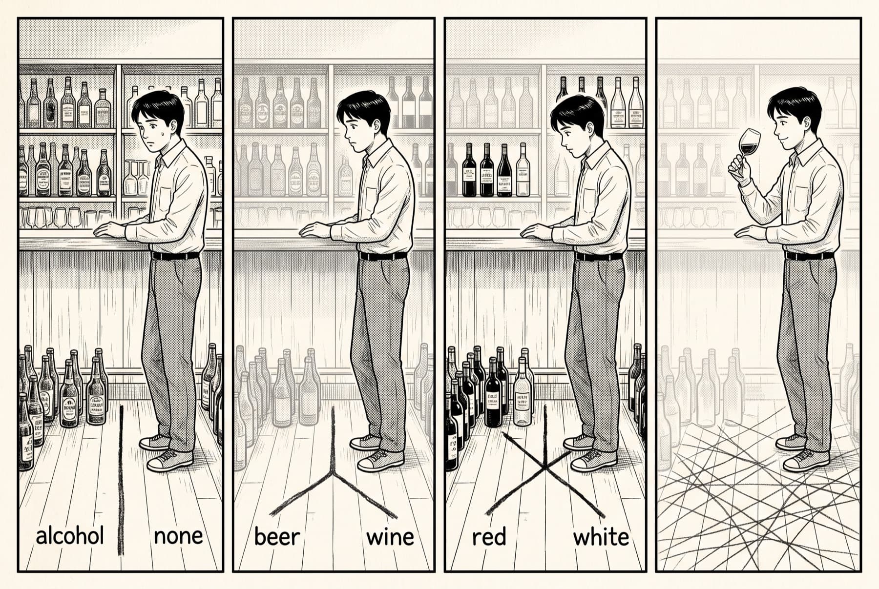 Manga page of four panels: the same man at a bar; the chalk line on the floor splits from 'alcohol or none' to 'beer or wine' to 'red or white' to a fine web of lines, and he holds one glass up to the light.