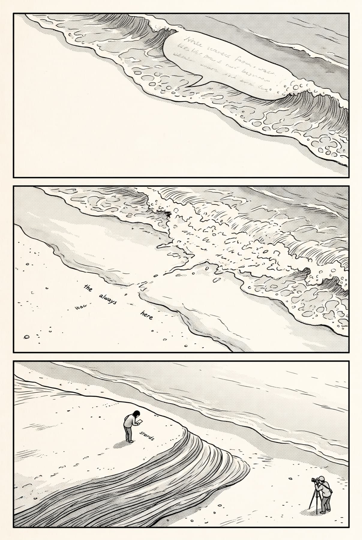 Manga page of three stacked panels: a wave drawn as a speech balloon arrives on a beach, recedes leaving a line of words, and many tides later a sand bank has built, with a small figure reading on top of it.