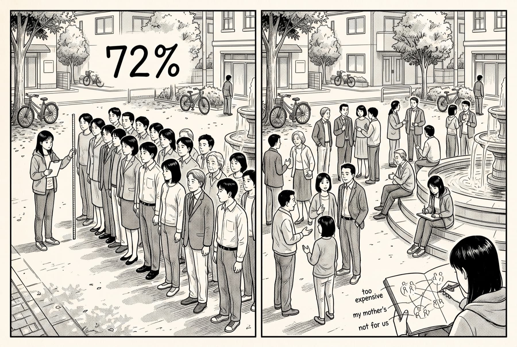 Manga page split in two: on the left a researcher measures a stiff crowd with a ruler under the number 72%; on the right the same researcher sits unnoticed on fountain steps sketching a map of the knots of people talking.