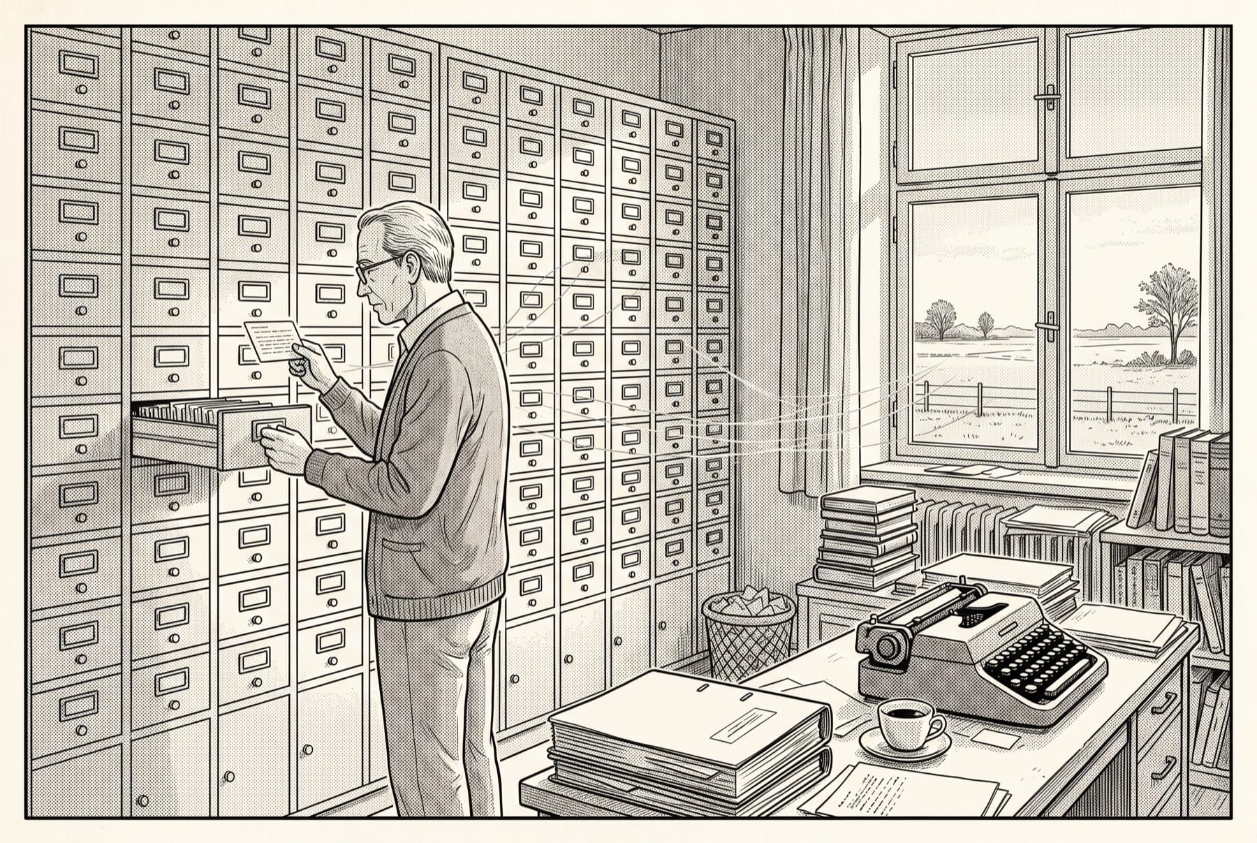 Manga page: an older man in a cardigan at a wall of thousands of small wooden drawers holds one index card up to the window light; faint pencil threads run from the card to other drawers.
