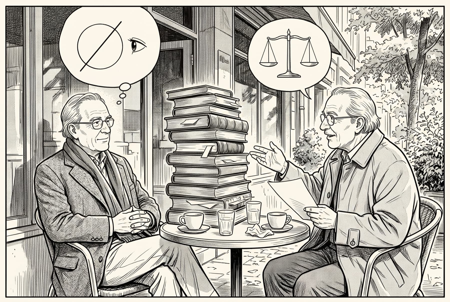 Manga page: two elderly professors at a café table, one beside a towering stack of books listening calmly, the other holding a single sheet and gesturing at the stack.