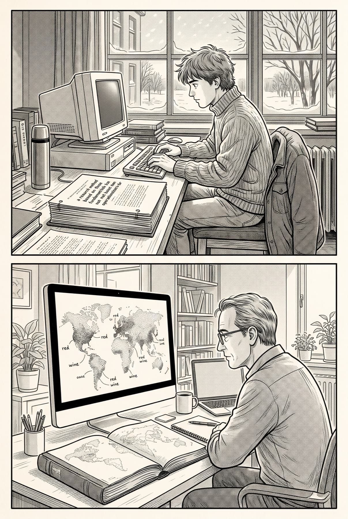 Manga page of two panels: a student in a snowy university library in 2003 typing the last page of a thesis; the same man twenty-three years later before a screen showing a map of thousands of dots in clusters, the old thesis open beside it.